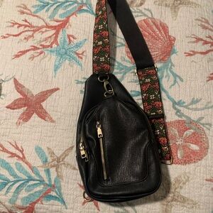 Antik Kraft Tasha Sling Black Crossbody Leather Bag with Floral Strap